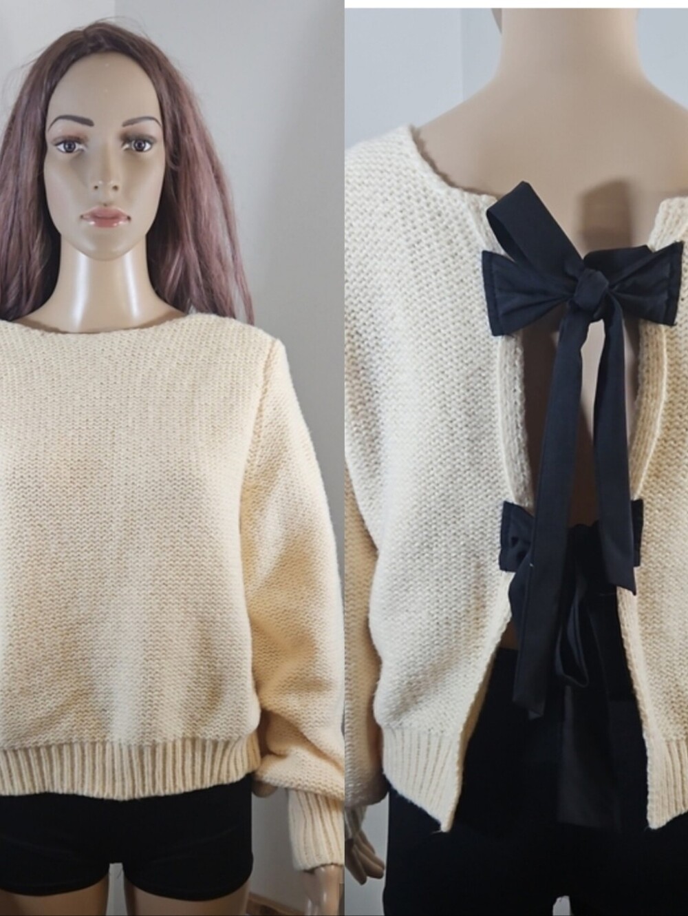 Commense Cream Chunky Knit Crewneck Sweater Bow Tie Back